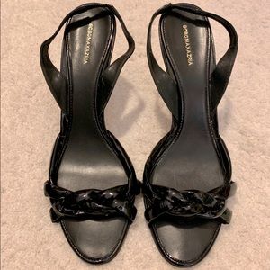 BCBGMaxAzria “Mirna” Black Patent Leather Sandals